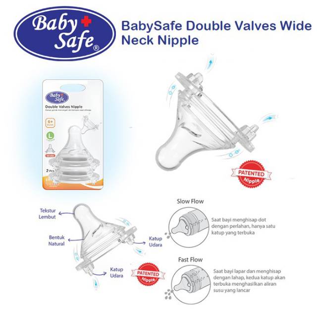 BABY SAFE - DOUBLE VALVES /WIDE NECK NIPPLE UKURAN M &amp; L ISI 2 PCS / NIPPLE DOT BAYI
