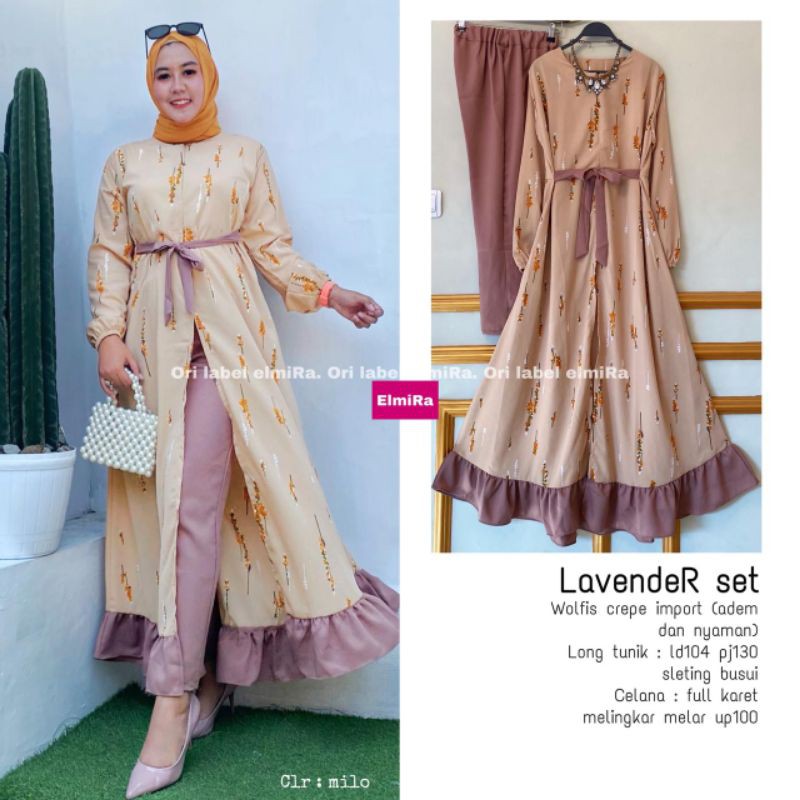 Setcel setelan celana dan long tunik motif setelan busui Lavender Set by Elmira