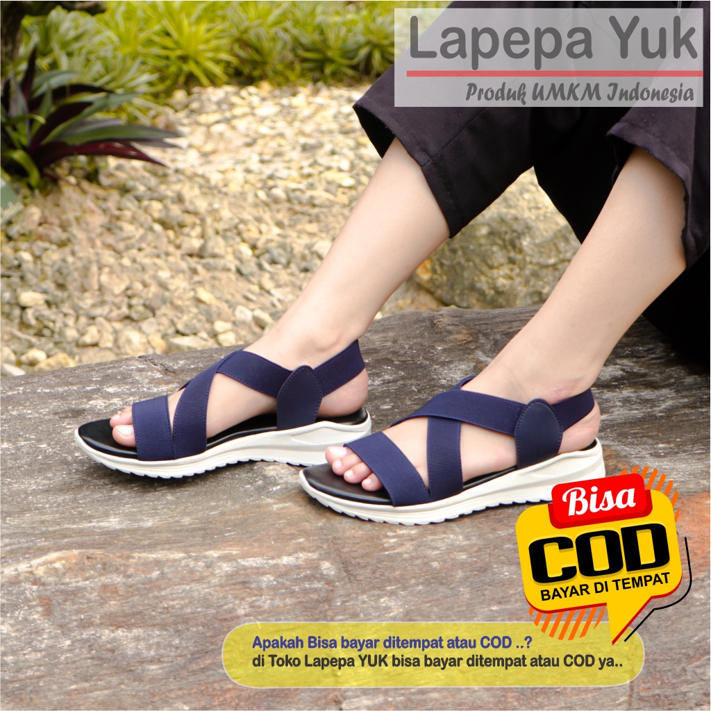 LAPEPA YUK -  Sepatu Sandal Wanita Wedges COSTA Model Ban dua Tali Strap belakang Hak Tinggi Sole 4 cm Spatu Sendal Gunung Cewek  Size 36 37 38 39 40 Warna NAVY Biru Dongker Cewe Kekinian Premium Terbaru Shoes Ori Original Mall Official Store Promo