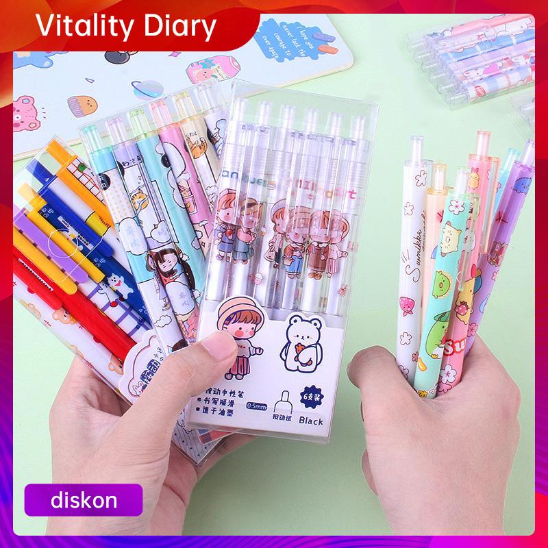 

6pcs/set pena netral/ball pens/gel pen/pulpen gel mekanik tinta hitam 0.5mm retractable kreativitas kartun lucu alat tulis sekolah dasar