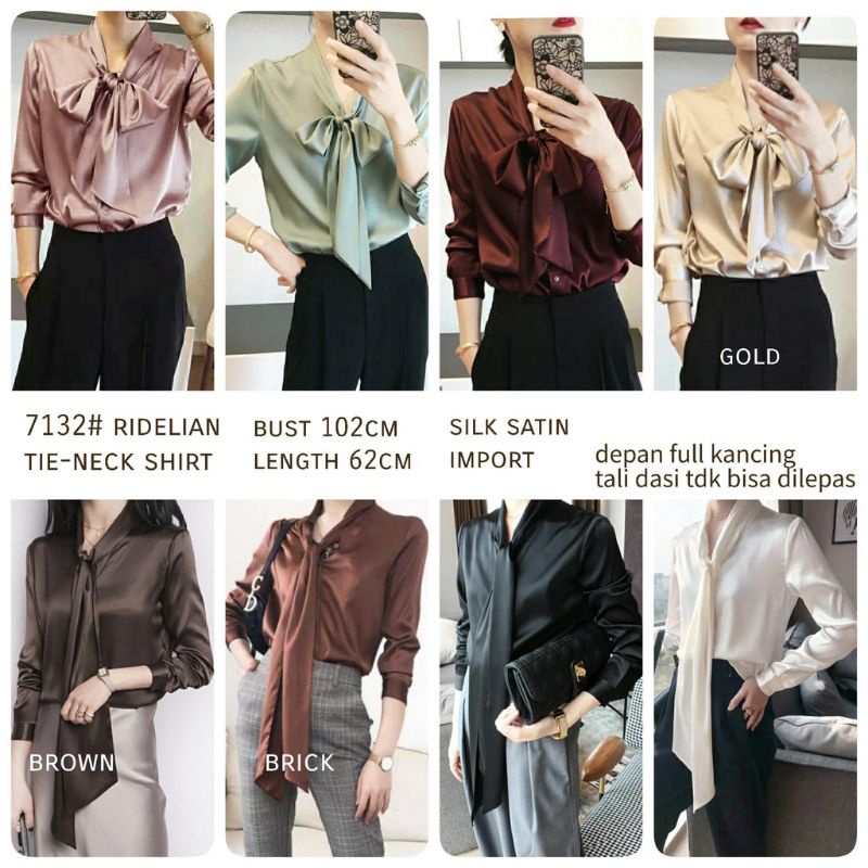 PREMIUM TOP RIDELIAN SHIRT #7132 Atasan wanita kemeja blouse putih hitam busui satin silk kerja casu