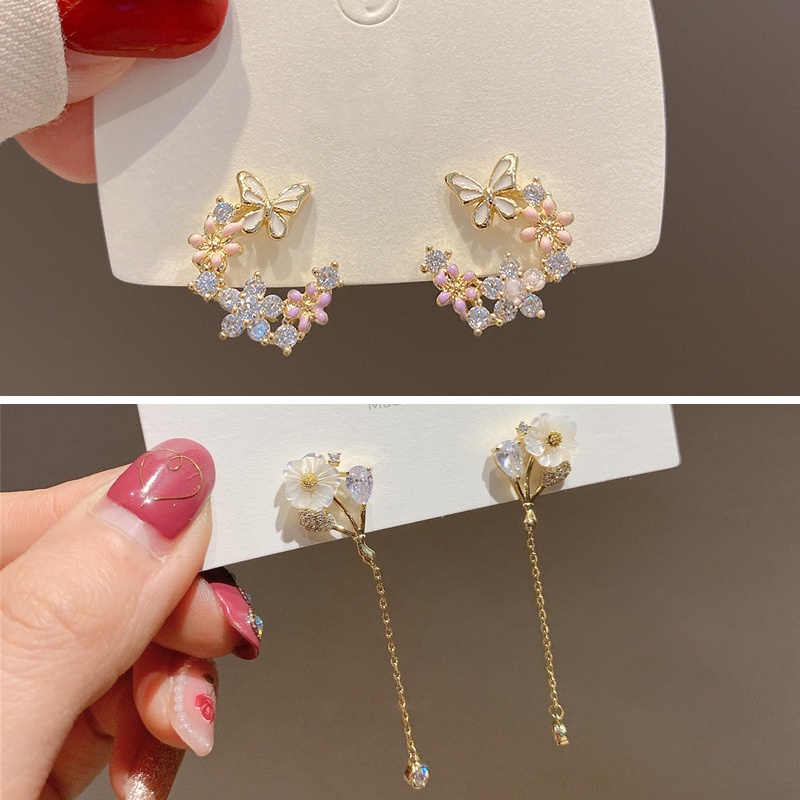 Butterfly Anting Tusuk Gantung Desain Kupu-Kupu + Bunga Hias Mutiara + Berlian Untuk Wanita