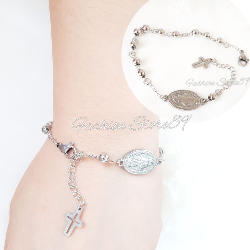 Gelang rosario Bunda Maria Salib Jurai Titanium Silver Gold Antikarat fashion wanita