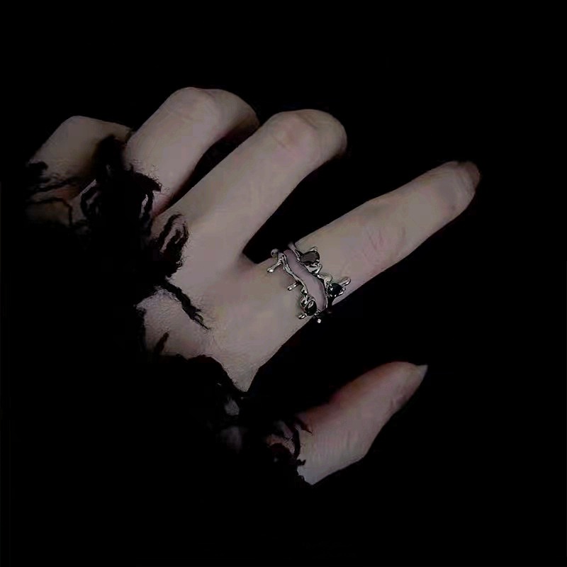 Cincin Jari Telunjuk Model Terbuka Dapat Disesuaikan Desain Cabang Bunga Hitam Gaya Korea Untuk Wanita
