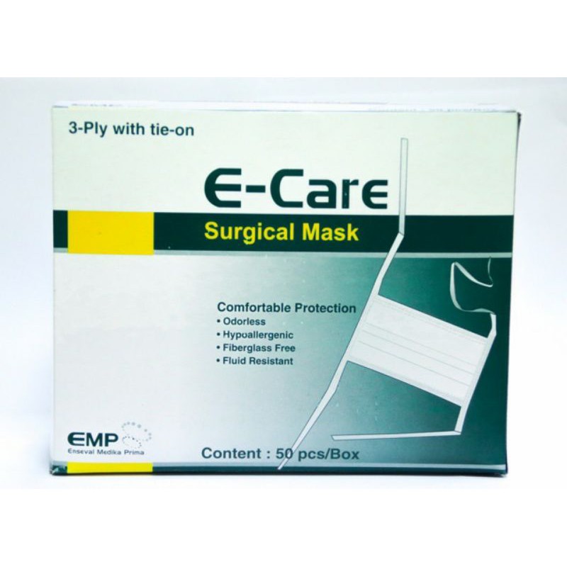 Masker Medis E-Care 3 Ply Tie On 1 box isi 50 pc