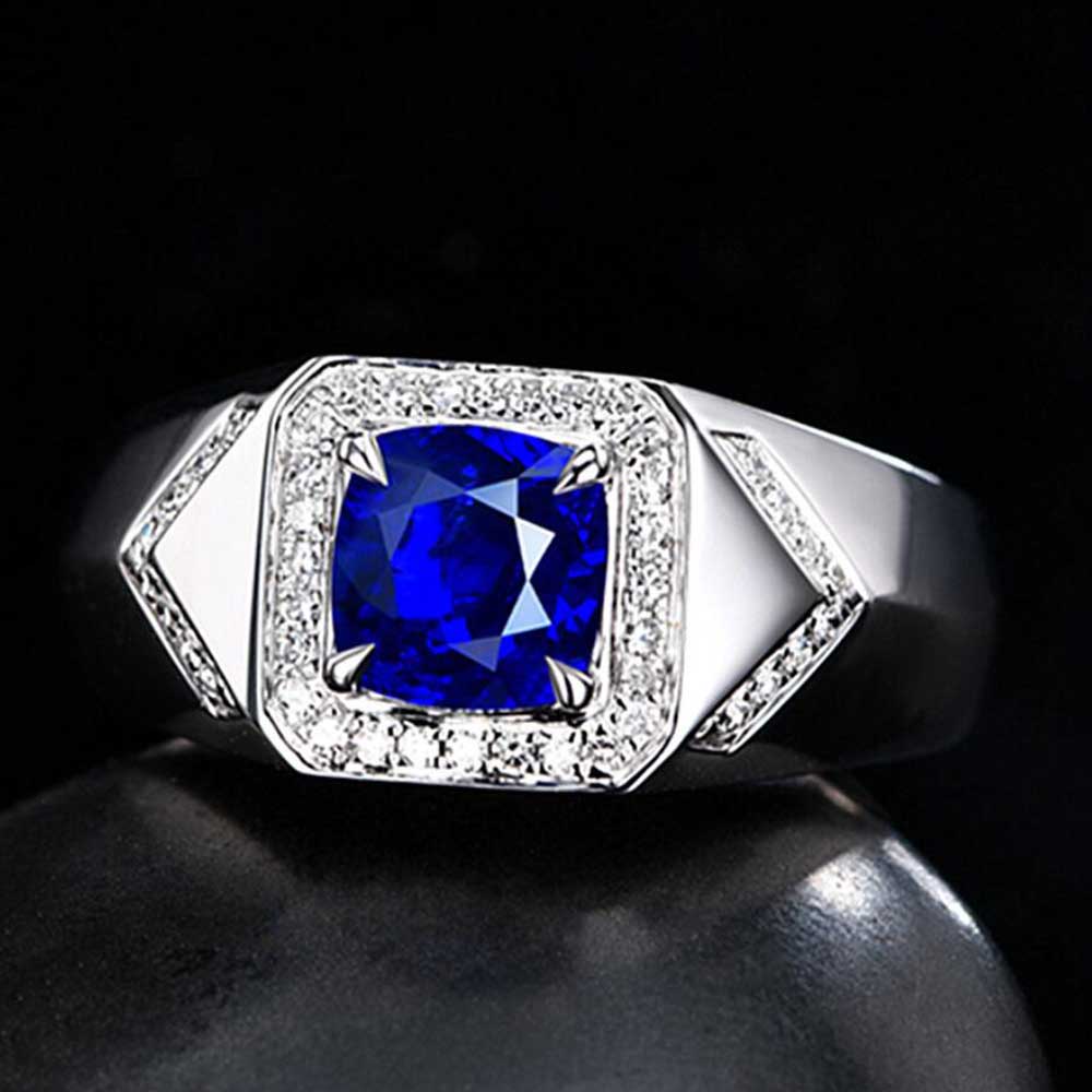 Cincin Pria Perak Kotak Safir Baja Titanium Kristal Zirkon Ring Aksesoris Fashion