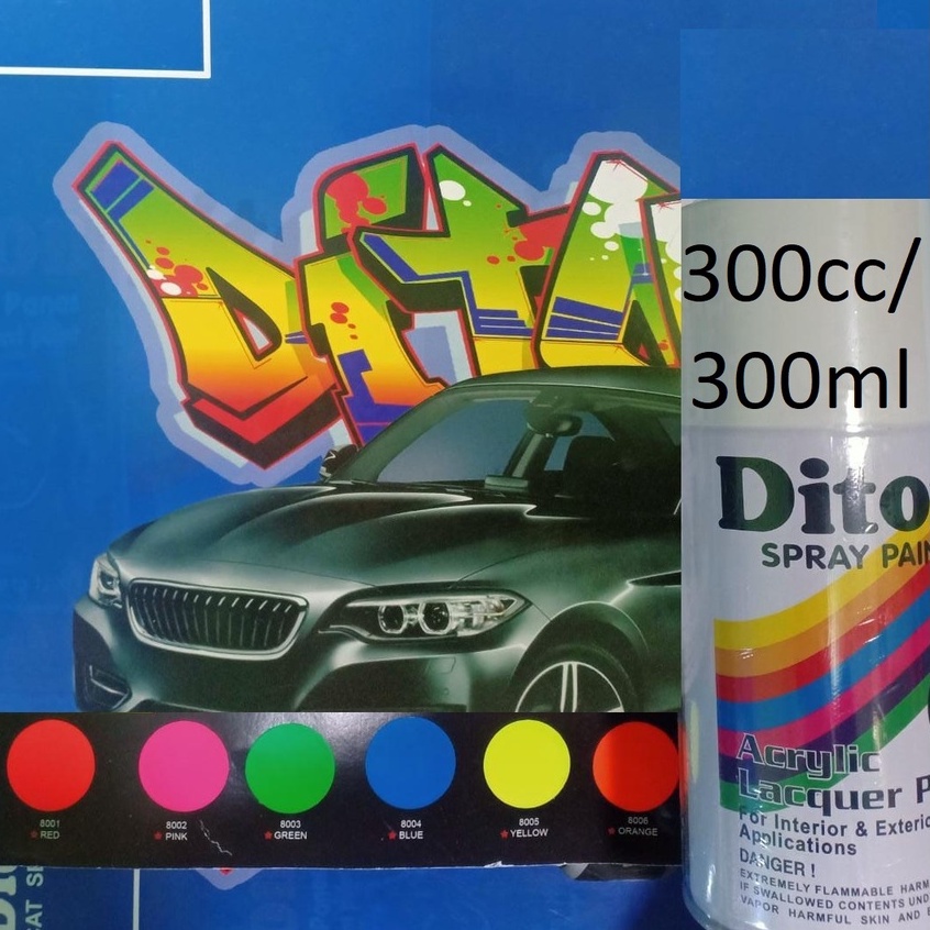 FLUORESCENT COLOURS DITON Spray Paint Acrylic Lacquer Paint 300cc Pilox Cat Semprot Stabilo Glossy Mengkilap 300ml (Red, Pink, Green, Blue, Yellow, Orange, Clear, Primer Grey and White)