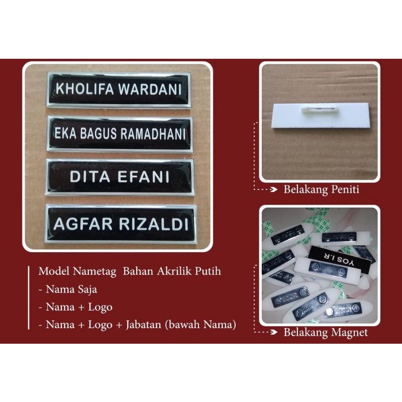 

Name Tag / Papan Nama | Peniti/Magnet , Murah Awet !