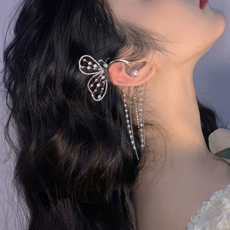 Women Elegant Super Fairy Tassel Ear Clips / Ladies Pearl Bohemia Flashing Rhinestone Hook Earrings / Bridal Wedding Party Minimalist Ear Jewelry Accessories