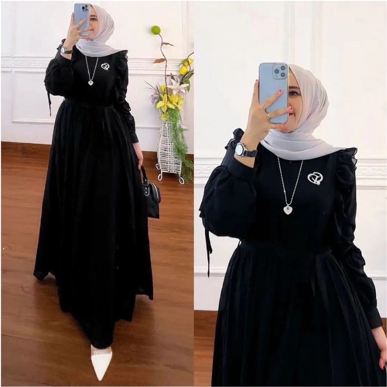COD - Alora Dress Gamis Muslim Premium Ceruty Full Puring Ld 110 Fit S - XL ( Free Bros ) Amora Maxi Maxy Gaun Muslim Polos Pesta Kondangan Wanita Termurah-1