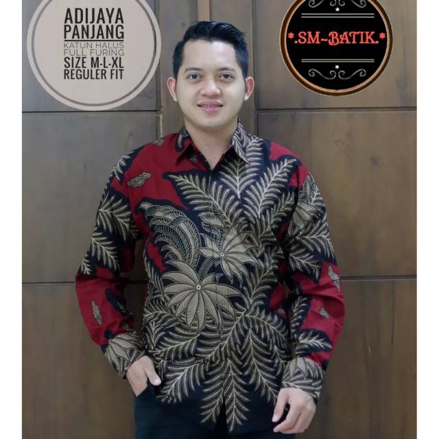 Kemeja Batik Lengan Panjang Warna Merah / Batik Warna Merah ADIJAYA Batik Full Furing