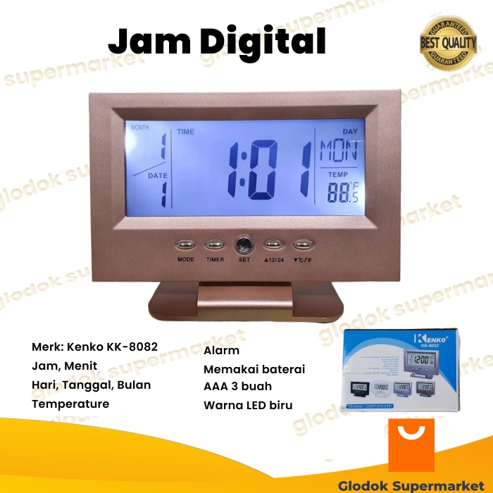 Jam Digital LED Kenko Kalender Temperature Alarm Meja TV Clock KK-8082 Gold