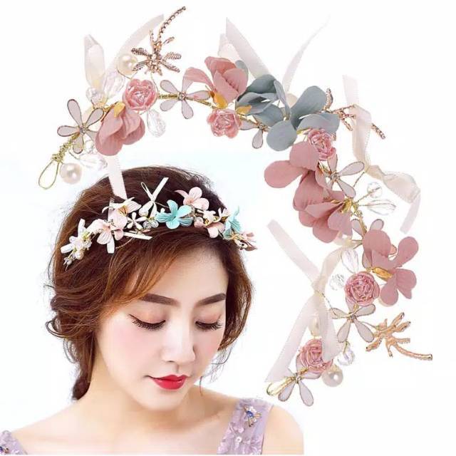 Headpiece bunga  pita ribbon hiasan  rambut  pengantin  