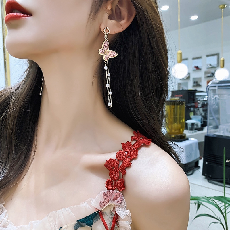 925 Tremella Needle Berlebihan Bunga Kupu-kupu Anting Panjang Asimetris butterfly earrings