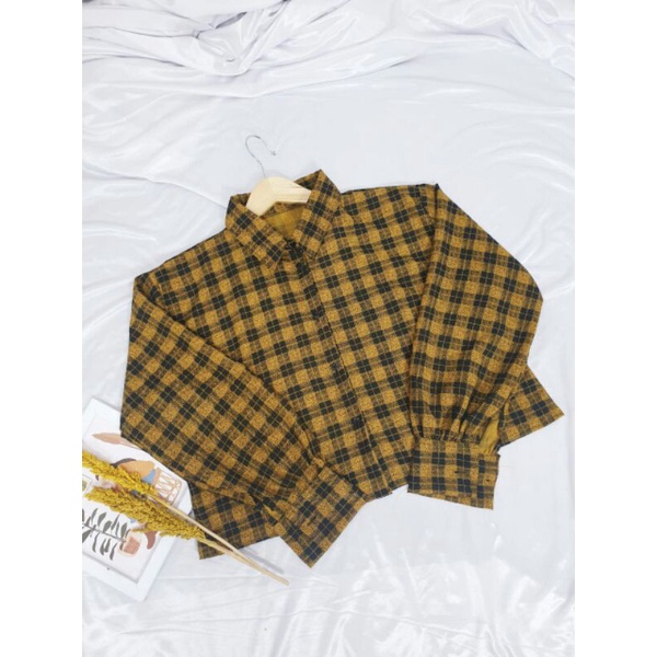 BLOUSE Bisa COD/Bayar ditempat/Gratis Ongkir  || Blouse TARTAN LENGAN BALON MIZU KOREAN STYLE | KEMEJA FLANEL WANITA NUMMA/KEMEJA CROP LENGAN PANJANG TARTAN-Numma Mustard Lama