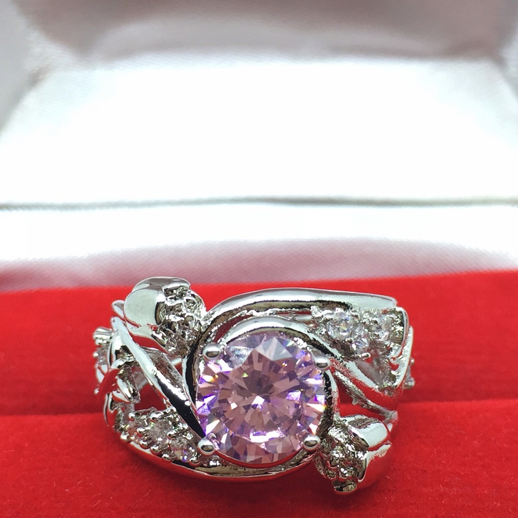 Cincin Lapis Emas Putih Batu Pink Rangka Tebal Bentuk Bunga - BR211