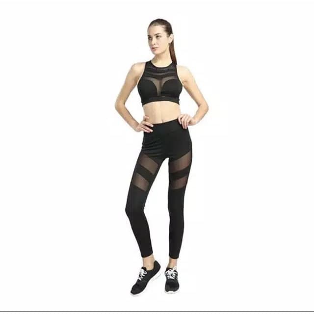 TBI Import Sport Legging Double Stripe Mesh High Waist Celana Fitnes Jala