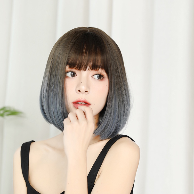 WDA-22 wig daily lolita jepang gradasi abu gray rambut palsu lurus pendek bob hitam