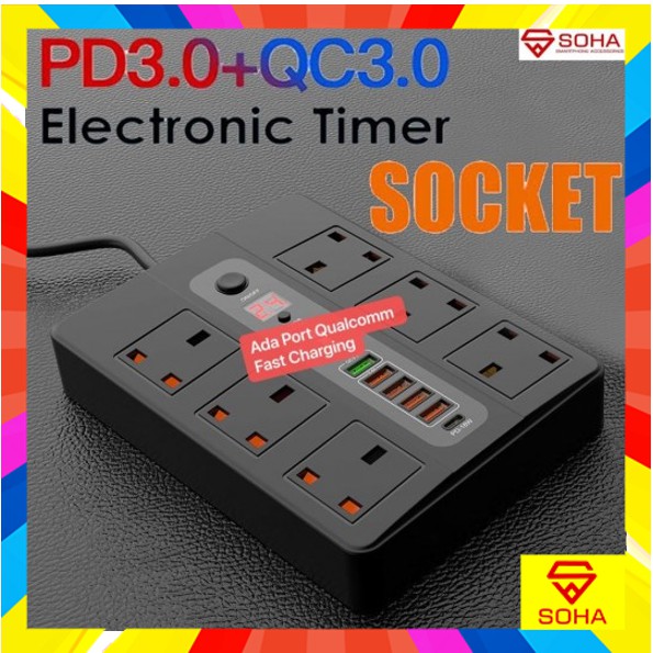 SOHA BKL-11 Stop Kontak Pakai Waktu / Power Socket Timer + 5 USB Port 3.4A &amp; Qualcomm Multi Port
