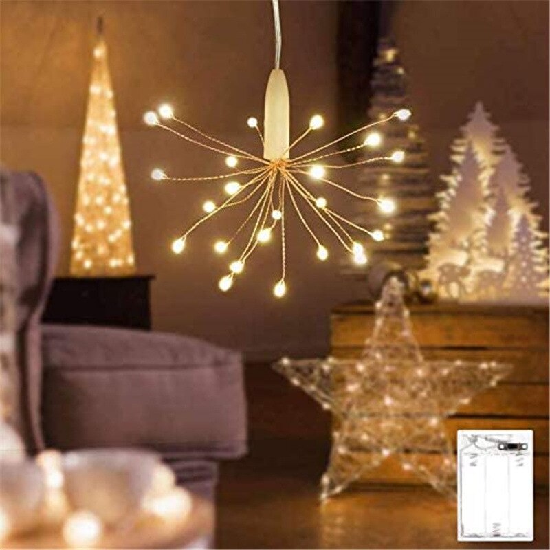 Lampu String 25 LED Bentuk Dandelion Kembang Api Dengan Kotak Baterai Untuk Dekorasi Pohon Natal