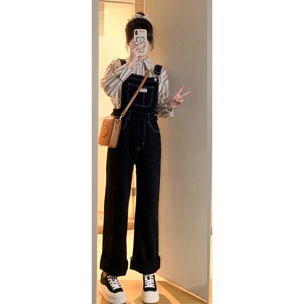 Overall denim wanita 150 kecil 2022 musim semi dan musim gugur versi Korea celana longgar hitam ping