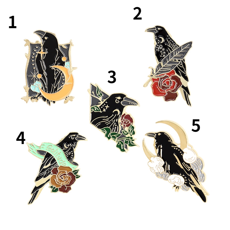 Bros Pin Enamel Desain Hewan Bulan Bintang Mawar Burung Gagak Bulu Hitam