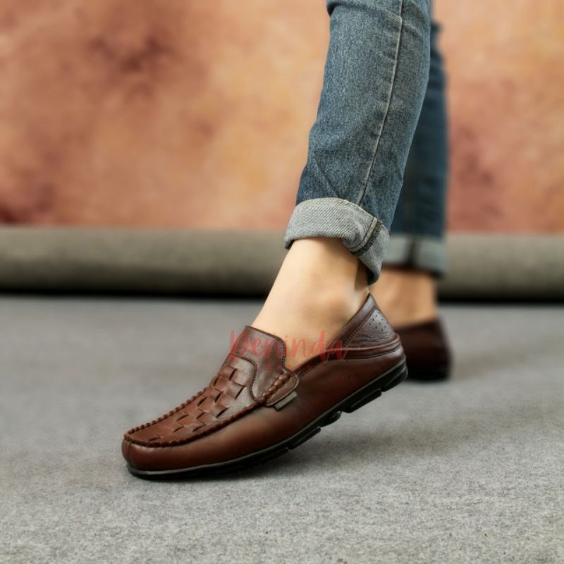 Sepatu kulit Sapi Asli Garut Casual Formal Pria Slip On Cowok Loafers Kasual laki-laki Kekinian Black &amp; Brown