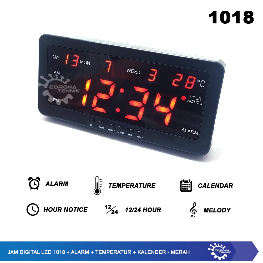 Jam Digital LED 1018 + Alarm + Temperatur + Kalender - Merah