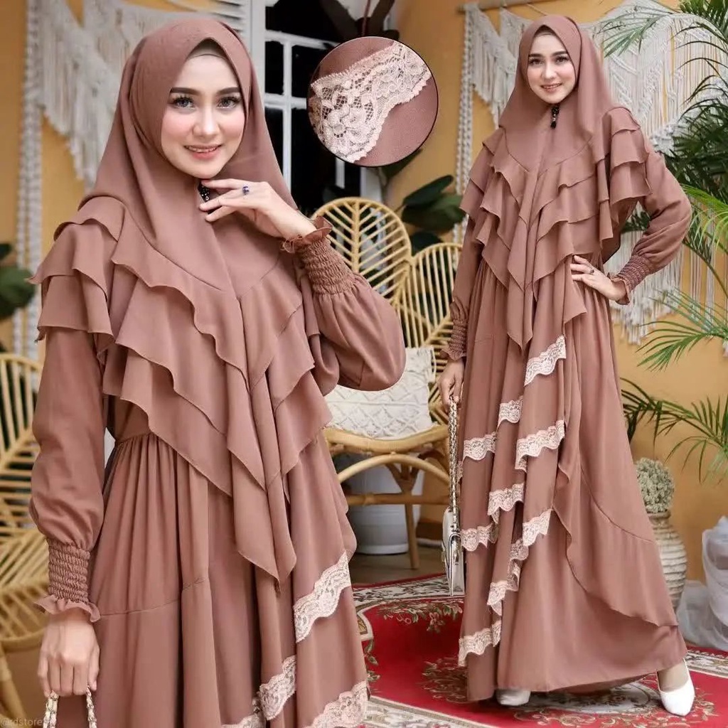 Elnara Syari Set 2in1 Bahan Ceruty Babydoll Full Furing Gamis Wanita Terbaru 2022 Mewah Import Ori G