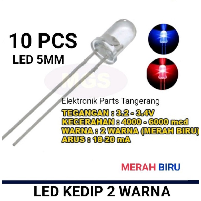 (10 PCS) LAMPU LED 5mm KEDIP MERAH BIRU (BENING NYALA MERAH BIRU) LED KEDIP 5MM MERAH BIRU LED KEDIP