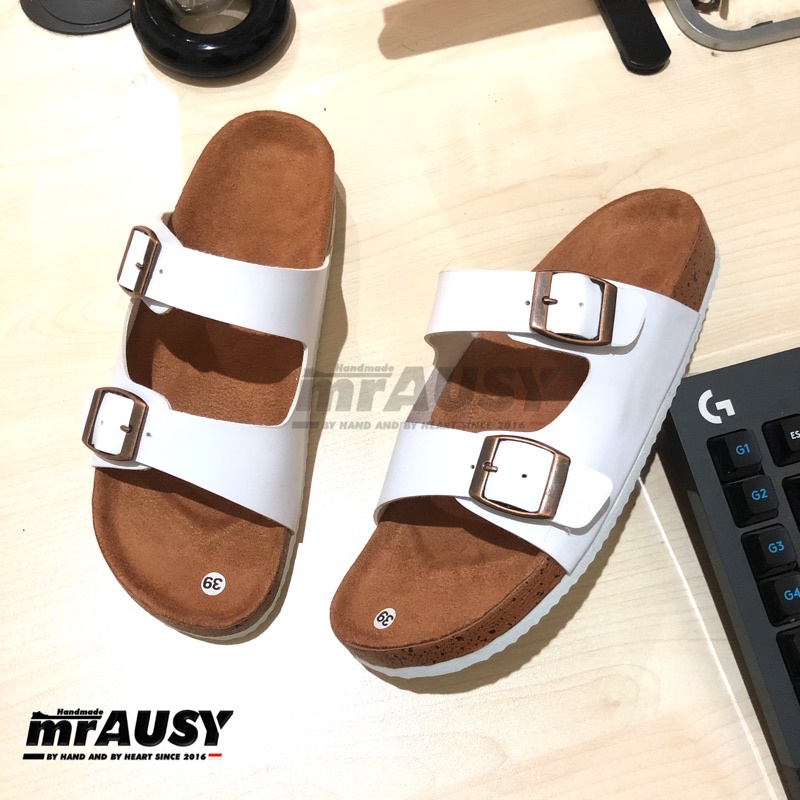 Sandal Wanita Birken Kasual mrAUSY Ringan Strap 2 Gesper 2-Putih Gesper Coklat