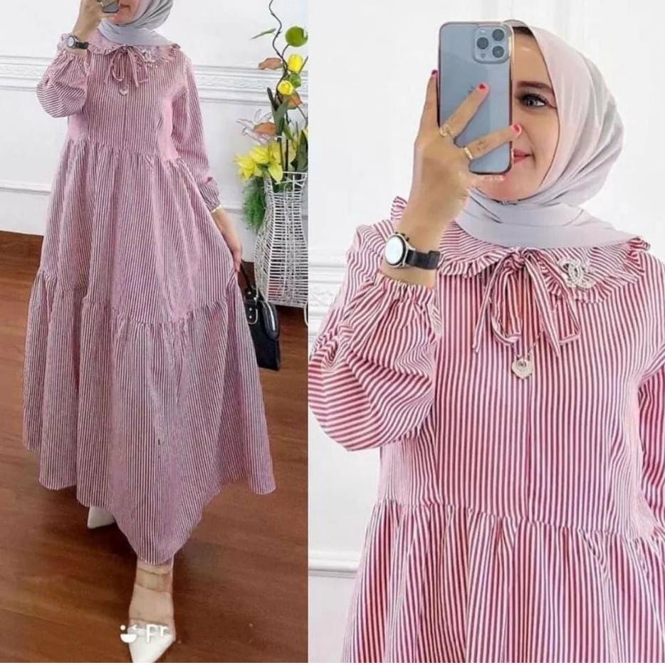 Stok terbatas.. R.A - Tari Maxy Tyara Midi Dress Katun Salur Jepang Premium Gamis Muslim Fashion Wan
