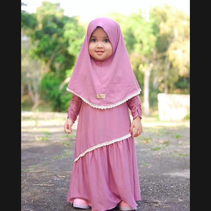 Gamis Zhafira Set Hijab Anak Perempuan Usia 2-7 Tahun |Setelan Busana Bju Syari Bayi Terbaru 3-5 Thn |Stelan Pakaian Tanggung Little Pineapple Baju Muslim Lucu