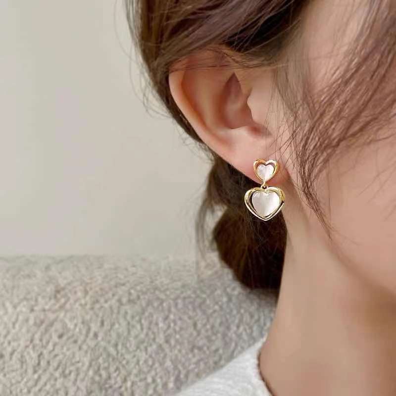 Korea Dongdaemun double lapisan mencintai hati anting-anting perempuan 2021 trendy serbaguna niche t