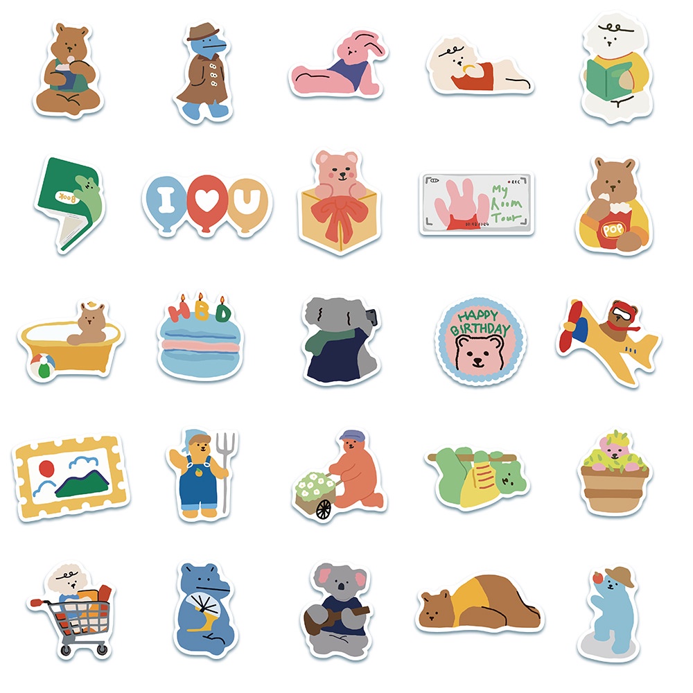 50 Pcs Korean Style Cartoon Bear Rabbit Tree Design  Reusable Stickers For Notebook Diary Decoration