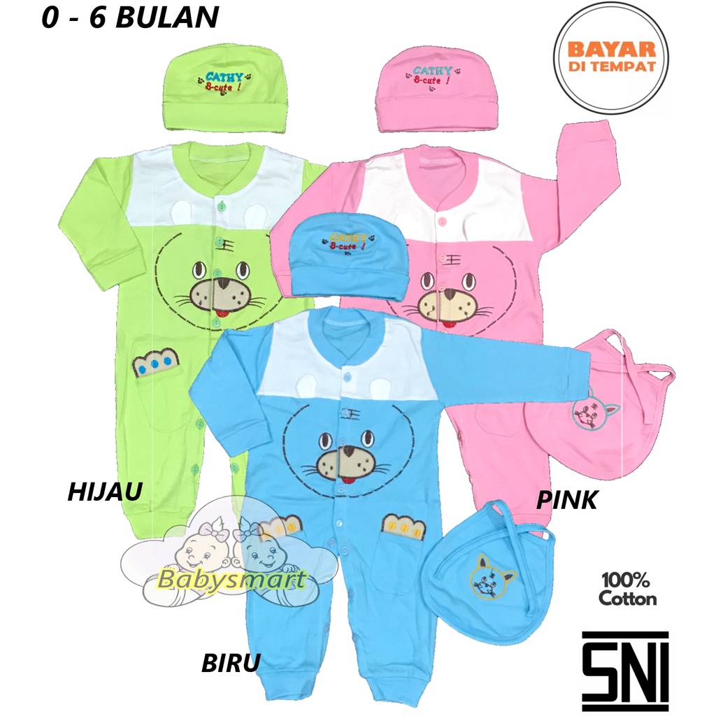 Babysmart - Baju Bayi model Jumper/Romper lengan PANJANG+Topi+Celemek motif TIGER MOM'S GIFT 0-12 Bulan