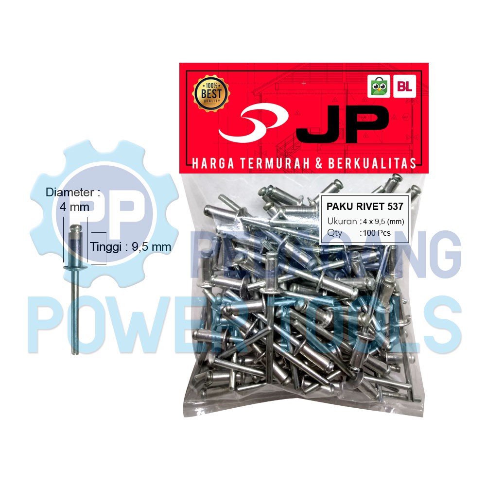 PAKU RIVET 537 - 4 X 9.5 MM BLIND RIPET RIFET TEMBAK ALUMINIUM 100 PCS