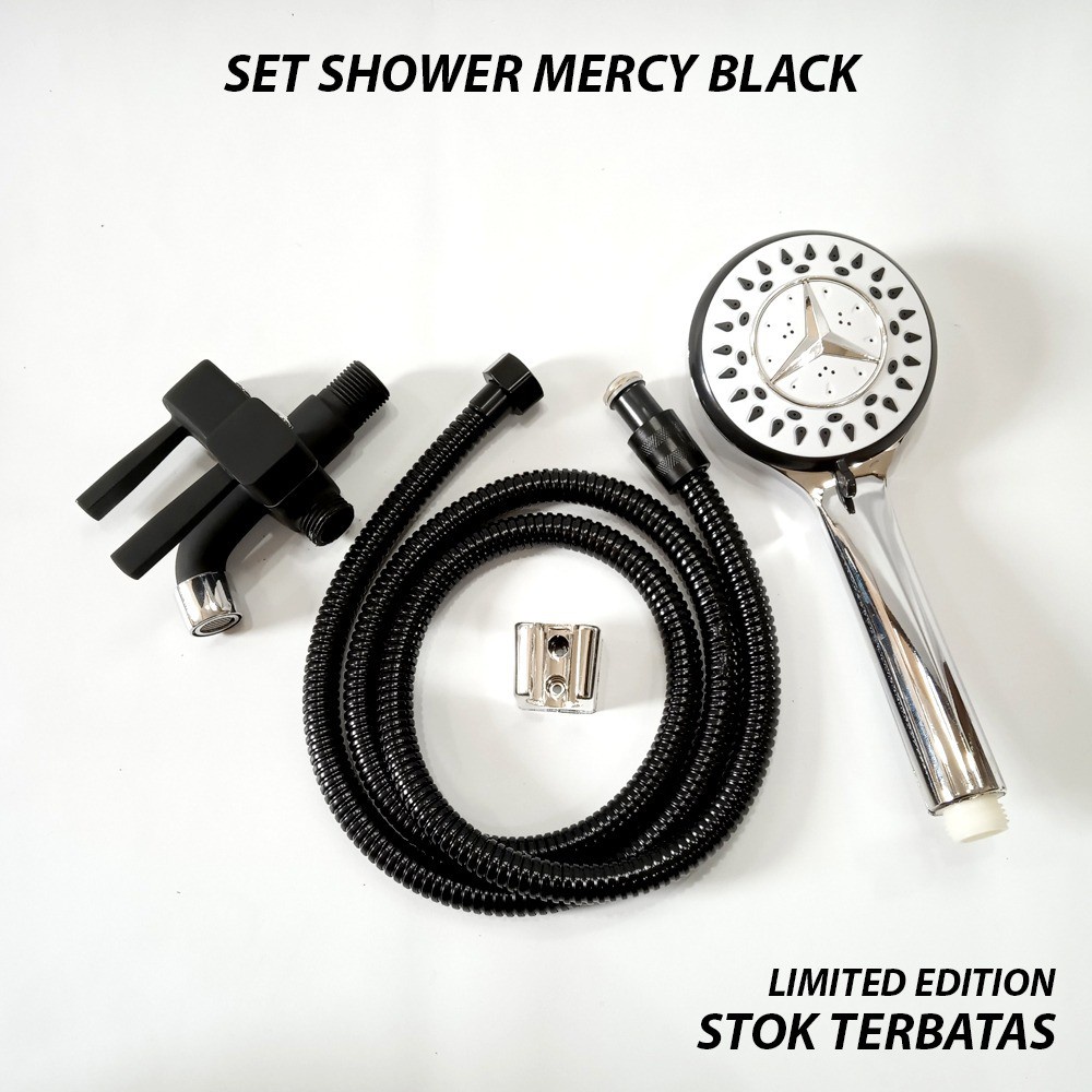 PAKET MURAH KOMPLIT Hand Shower Mandi dan Kran Cabang Tembok Engkol 2 Lubang 1/2” Hitam