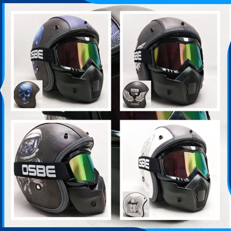 HELM MOTOR SNI - Helm Retro Kulit Kaca Goggle Mask google masker Merek OSBE, TaffSport, Inko dll
