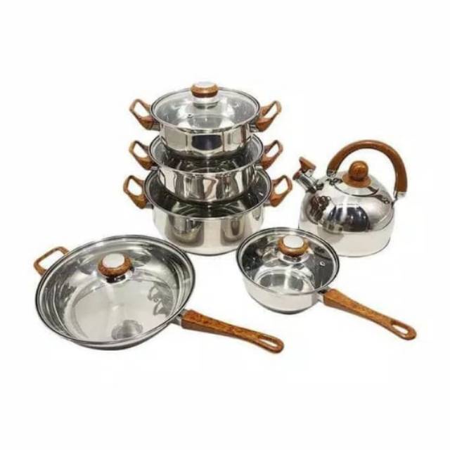 Panci Set Wajan Penggorengan Stainless steel with Teko dan tutup kaca Set 808