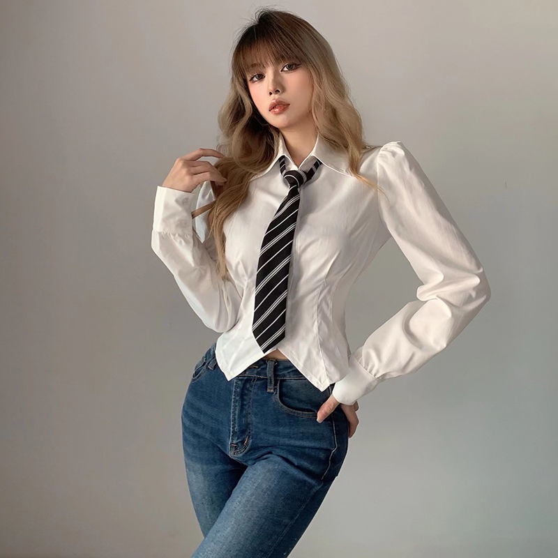 blouse korea kemeja SUCCUTE kuliah desain hem puff lengan kemeja lengan panjang wanita