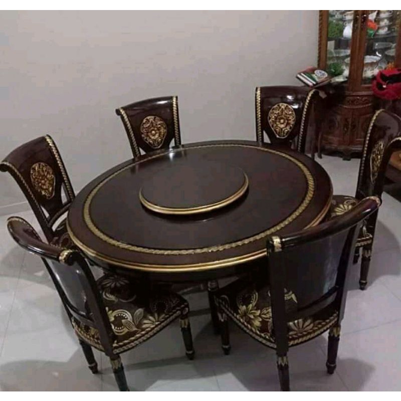 set meja makan bulat ukir jati jepara
