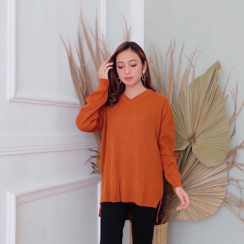 BOXY V NECK Rajut Premium Halus Sweater Rajut Boxy Muat XL-Coral Boxy V