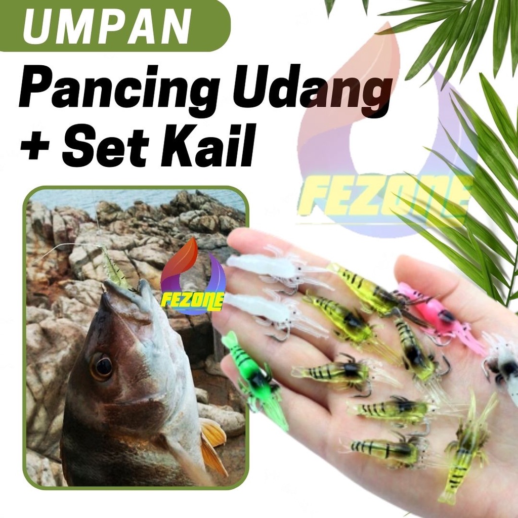 Set Umpan Pancing Softlure Bentuk Udang Bahan Silikon Dengan Kail Untuk Memancing Ikan FEZONE