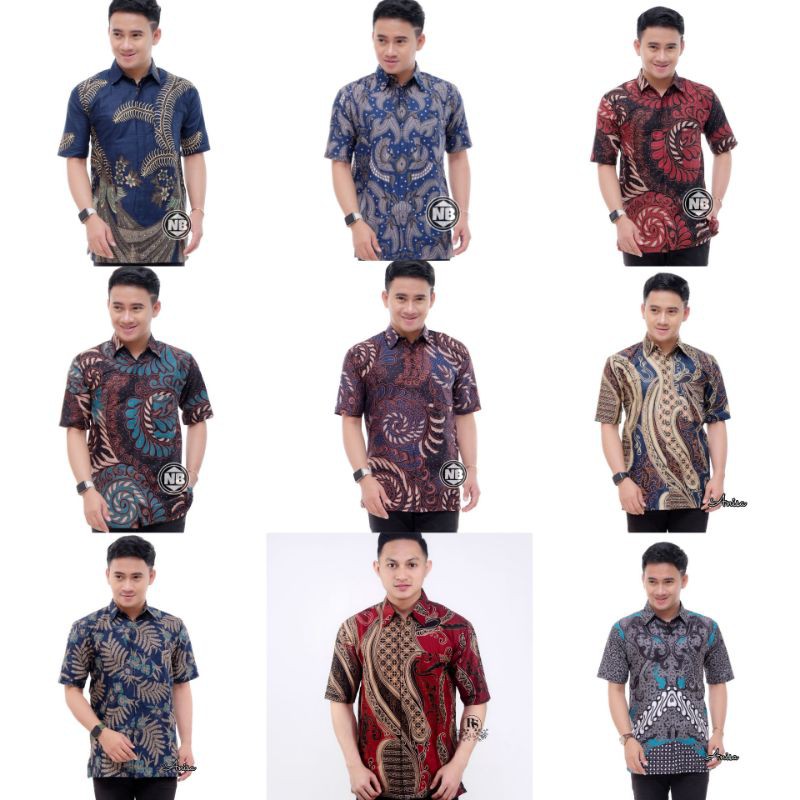 Kemeja Batik Pria Lengan pendek terbaru navy biru merah maroon