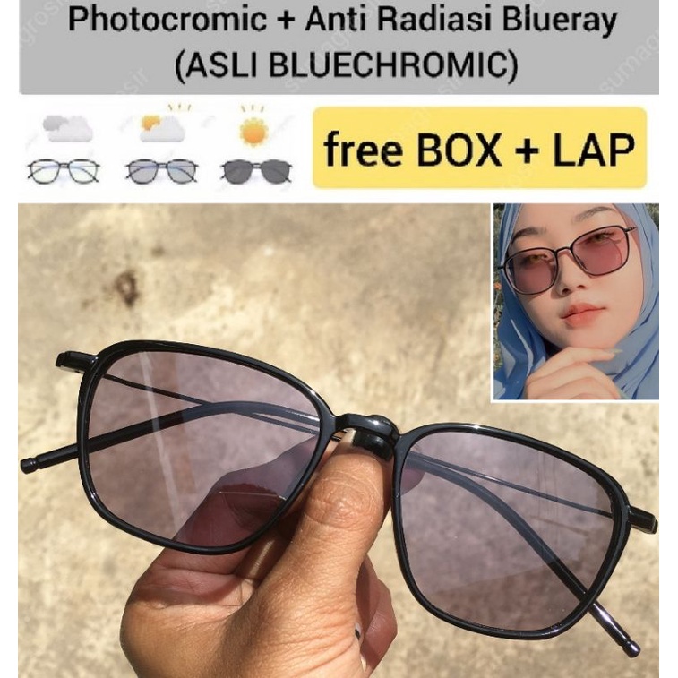 Kacamata Lensa Photocromic + Anti Radiasi Blueray BLUECROMIC Frame Besi 1920 Pria Wanita Photochromic Bluechromic Oval Alloy Fotokromik Berubah Warna Gelap 1920