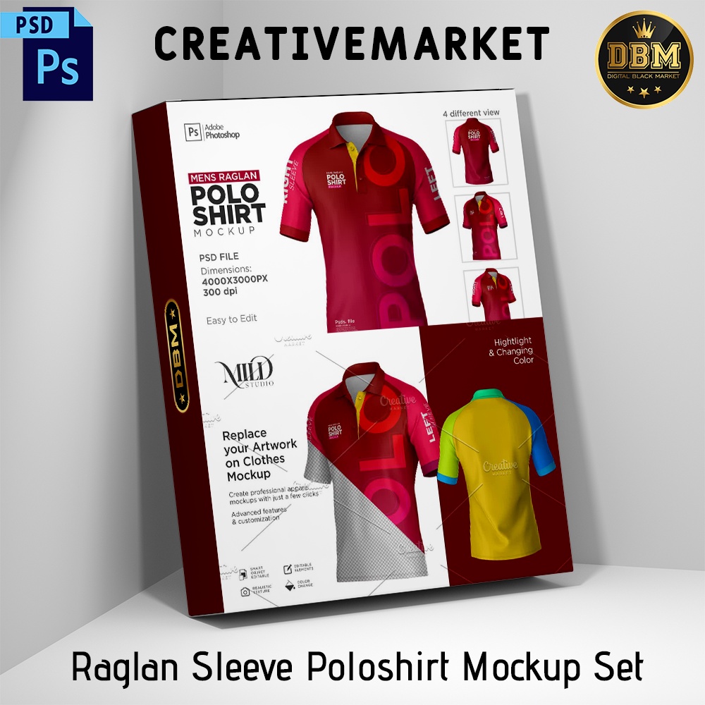 Raglan Sleeve Poloshirt Mockup Set - Photoshop