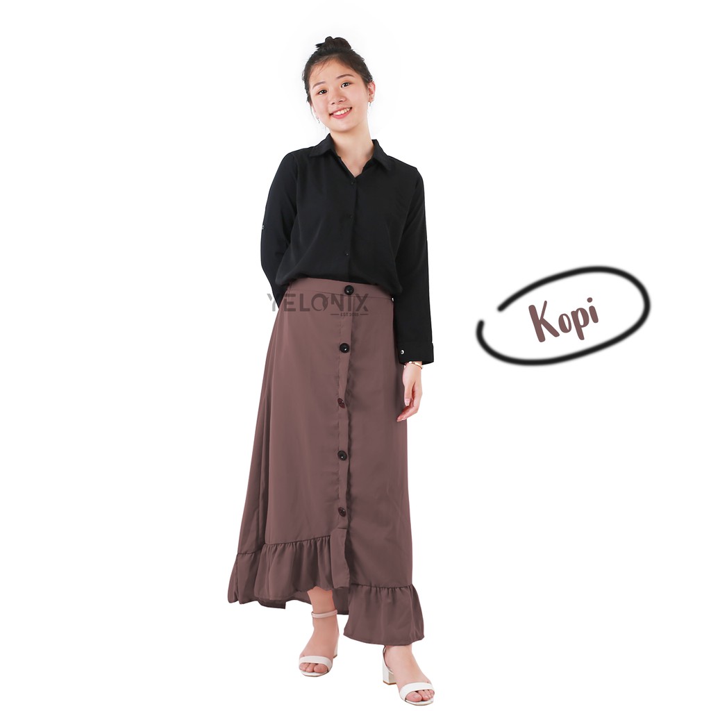 Rok Ruffle PANJANG Rample Korea Rok Kancing Button Skrit Pinggang Karet - YELONIX