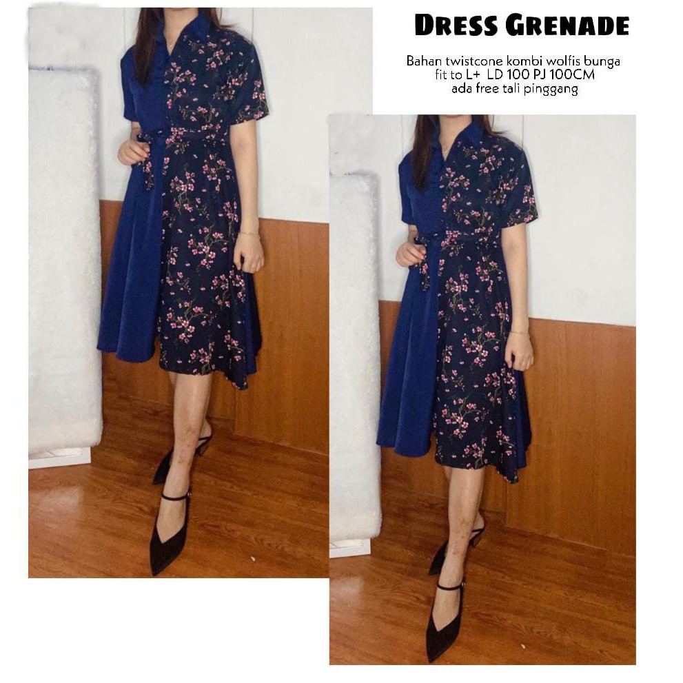B03 Dress novel  Bahan twistcone kombi wolfis bunga fit to L+. LD 100 PJ 100CM.AD TALI PINGGANG