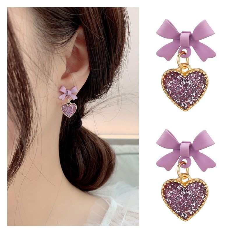 FerenHongXia Anting Pita S925 Perak Jarum Korea Temperamen Anting Sederhana Ungu Busur Anting Hati Kecil